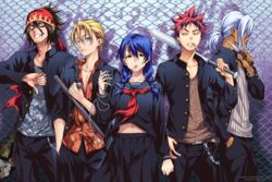  4boys baseball_bat blue_hair braid candy chains colorized delinquent female food hayama_akira highres kurokiba_ryou lollipop long_sleeves multiple_boys navel open_clothes pants red_hair rikusempai saeki_shun sailor_collar school_uniform shokugeki_no_souma skirt stomach tadokoro_megumi takumi_aldini twin_braids yellow_eyes yukihira_souma 