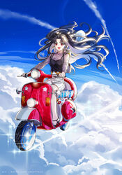  black_shirt blue_sky breasts day earrings fate/grand_order fate_(series) female flying gugalanna high_heels highres hoop_earrings ishtar_(fate) ishtar_(swimsuit_rider)_(fate) jewelry long_hair looking_at_viewer motor_vehicle on_scooter open_mouth parted_bangs pig red_eyes scooter shirt skirt sky smile sparkle two_side_up white_skirt yaoshi_jun 