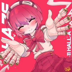  bad_id bad_twitter_id blush bow bowtie closed_eyes closed_mouth cyberpunk dorothy_haze english_text female finger_cannon hairband highres little_ouji pink_background signature smile smoke solo va-11_hall-a 