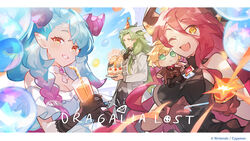  1boy 2girls balloon black_dress blue_hair braid cake character_doll cup dragalia_lost dragon_boy dragon_girl dragon_horns dress drinking_glass drinking_straw eating euden food gradient_hair green_hair hat holding holding_cup horns humanoid_mercury_(dragalia_lost) humanoid_midgardsormr_(dragalia_lost) light_blue_hair long_hair looking_at_viewer multicolored_hair multiple_girls mym_(dragalia_lost) official_art one_eye_closed orange_eyes party_hat party_popper pink_hair pointy_ears red_hair short_sleeves sleeveless sleeveless_dress wavy_hair white_dress yellow_eyes 