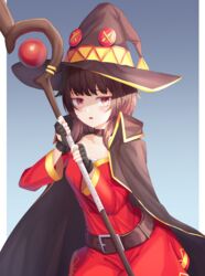  absurdres belt belt_buckle black_cape black_gloves black_hat brown_belt brown_hair buckle cape collar collarbone commentary dress female fingerless_gloves gloves hat highres holding holding_staff kono_subarashii_sekai_ni_shukufuku_wo! long_sleeves looking_at_viewer megumin off-shoulder_dress off_shoulder open_mouth progameer789 red_dress red_eyes short_hair_with_long_locks solo staff standing wing_collar witch_hat 