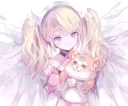  angel_wings blonde_hair blue_eyes blush criss-cross_halter dress female gloves halterneck headband highres holding holding_stuffed_toy long_hair mercy_(overwatch) overwatch overwatch_1 pink_shirt shirt smile solo stuffed_hamster stuffed_toy twintails upper_body white_headband wings yukari_(rihenara_doll) 