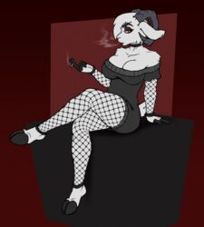  alternative_fashion anthro azzy_(azzydrawsstuff) azzydrawsstuff bovid caprine clothing female fishnet_clothing goat goth hi_res hooves horn mammal smoking solo sweater_dress 