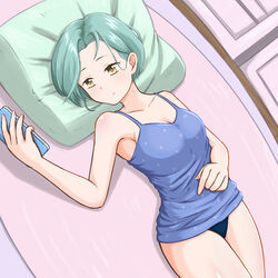  alternate_costume black_panties blue_camisole breasts camisole cellphone collarbone female forehead green_hair highres holding holding_phone kantai_collection lying mole mole_on_neck on_back panties phone pillow short_hair small_breasts smartphone solo sosser swept_bangs tamanami_(kancolle) underwear yellow_eyes 