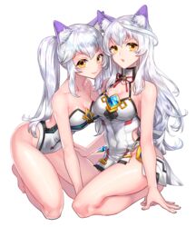  2girls :3 aken animal_ears ass bare_shoulders barefoot breasts cleavage commentary_request elsword eve_(elsword) facial_mark highres leotard multiple_girls open_mouth seiza simple_background sitting smile twintails white_background white_hair yellow_eyes 