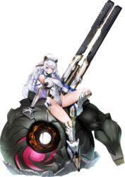  absurdres ahoge braid breasts elbow_gloves female full_body gloves grin gun highres huge_weapon ironworm last_origin leotard long_hair looking_at_viewer mr.yun multiple_braids official_alternate_costume official_art on_weapon purple_eyes rifle sitting smile solo transparent_background ullr_(last_origin) weapon white_hair white_leotard 