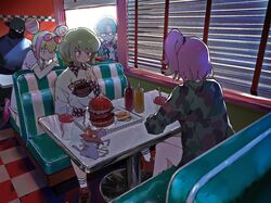  aina_ardebit back blue_eyes blue_hair blush burger commentary_request cone_hair_bun diner double_bun dress drink eating fast_food food french_fries glasses hair_bun ketchup lio_fotia long_hair lucia_fex mouse_(animal) multicolored_hair oversized_clothes pink_hair promare protected_link remi_puguna restaurant short_hair side_ponytail sitaka72sita soda sunglasses sweater two-tone_hair varys_truss vinny_(promare) 