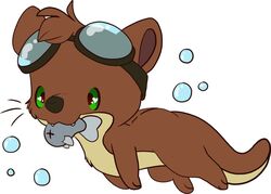  black_nose brown_body bryce_daeless bubble chibi countershading cutepencilcase eurasian_otter eyewear eyewear_on_head feral fish goggles goggles_on_head green_eyes lutra male mammal marine mustelid otter paws river_otter tan_body 