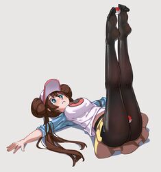  bad_id bad_pixiv_id between_feet between_legs black_pantyhose blue_eyes blush breasts brown_hair closed_mouth commentary double_bun feet female full_body hair_bun highres holding_with_feet legs legs_up long_hair lying no_shoes on_back outstretched_arms pantyhose poke_ball poke_ball_(basic) pokemon pokemon_bw2 raglan_sleeves rosa_(pokemon) simplecar skirt soles solo toes twintails very_long_hair visor_cap yellow_skirt 