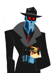  canid canine canis carrying_another closed_eyes clothed clothing coat domestic_dog domestic_pet duo female feral fully_clothed happy hat headgear headwear hi_res holding_animal holding_another humanoid jacket love lulu_(samurai_jack) machine male mammal necktie nude owner red_eyes robot robot_humanoid samurai_jack simple_background smile standing taestfulsins tongue tongue_out topwear white_background x-49_(samurai_jack) 