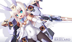  aqua_eyes baselard blonde_hair blush covered_navel elbow_gloves female frame_arms_girl gloves highres long_hair looking_at_viewer mecha_musume open_mouth outstretched_arm pantyhose playboy_bunny smile solo yosugara_shou 