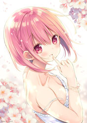  alternate_hairstyle blouse blush bracelet breasts cherry_blossoms cleavage collarbone downblouse female finger_to_mouth highres hinako_note jewelry looking_at_viewer march-bunny pink_eyes pink_hair sakuragi_hinako shirt short_hair smile solo strap_slip white_shirt 