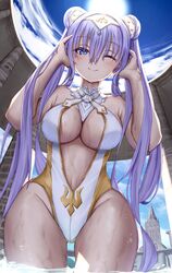  absurdres bare_shoulders bathing blue_eyes blue_sky blush breasts britomart_(fate) britomart_(final_ascension)_(fate) casual_one-piece_swimsuit center_opening cleavage double_bun fate/grand_order fate_(series) female gold_one-piece_swimsuit gold_trim grey_hair hair_bun hairband highleg highleg_swimsuit highres large_breasts long_hair looking_at_viewer o-ring one-piece_swimsuit one_eye_closed pointy_ears sky smile solo swimsuit taut_clothes taut_swimsuit thighs toukan twintails two-tone_swimsuit very_long_hair wading wet white_one-piece_swimsuit 