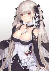  azur_lane black_dress bow breasts cleavage closed_mouth collarbone commentary_request detached_collar dress earrings female formidable_(azur_lane) frilled_dress frills gradient_background hairbow hand_up highres jewelry kon_(k0n16) large_breasts long_hair long_sleeves looking_at_viewer partial_commentary red_eyes solo twintails upper_body very_long_hair white_hair 