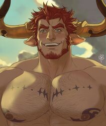  1boy agielba animal_ears bara beard blush chest_hair close-up commentary dogandclover draph facial_hair granblue_fantasy green_eyes highres horns large_pectorals male_focus mature_male muscular muscular_male nipples pectoral_focus pectorals red_hair smile solo symbol-only_commentary tattoo topless_male upper_body 