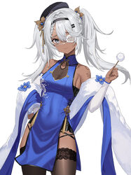  3: absurdres bad_id bad_pixiv_id bare_shoulders black_hat blue_dress braid breasts brown_thighhighs china_dress chinese_clothes closed_mouth covered_navel cowboy_shot dark-skinned_female dark_skin dress eyepatch feather_boa female frown girls&#039;_frontline gold_trim grey_eyes grey_hair hair_ornament hand_on_own_hip hat highres holding hs.50_(girls&#039;_frontline) hs.50_(sigh_of_the_waterfront_pine)_(girls&#039;_frontline) long_hair looking_at_viewer medium_breasts official_alternate_costume panty_straps pelvic_curtain simple_background sleeveless sleeveless_dress solo standing thighhighs twintails white_background zest_(watts99) 