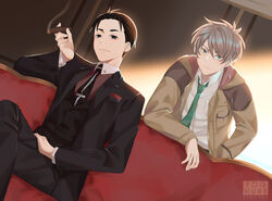  2boys artist_name black_eyes black_hair black_necktie black_pants black_suit black_vest brown_hair brown_jacket cigar commentary couch crossed_legs earrings english_commentary formal fugou_keiji_balance:unlimited green_eyes green_necktie hair_between_eyes hand_on_own_leg highres indoors jacket jewelry kanbe_daisuke katou_haru long_sleeves looking_at_viewer male_focus multiple_boys necktie pants pocket pocket_square sitting smoking standing stud_earrings suit vest yoghurtstripper 