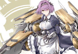  apron azur_lane black_gloves breasts broken broken_chain chains check_commentary cleavage closed_mouth clothing_cutout commentary_request dress feather_boa female gloucester_(azur_lane) gloves gudon_(iukhzl) hair_between_eyes hair_over_one_eye hairband lace-trimmed_hairband lace_trim large_breasts long_sleeves looking_at_viewer maid puffy_sleeves purple_hair royal_navy_emblem_(azur_lane) short_hair shrug_(clothing) underboob_cutout yellow_eyes 