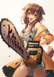  absurdres animal_collar animal_ears bare_legs blood blood_on_clothes blood_on_face blood_on_weapon blood_splatter blush bone_hair_ornament braid breasts brown_hair chainsaw character_name choker collar commentary cowboy_shot dog_ears dog_girl dog_tail dress female foreshortening glint grey_background hair_between_eyes hair_ornament highres holding holding_chainsaw hololive inugami_korone inugami_korone_(1st_costume) jacket looking_at_viewer mazel_(mazel_star) medium_breasts medium_hair off_shoulder open_clothes open_jacket open_mouth orange_eyes red_choker short_dress side_braids simple_background sleeveless sleeveless_dress smile solo tail thighs twin_braids virtual_youtuber weapon white_dress yellow_jacket 