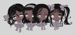  4girls black_eyes black_hair bow braid commentary dark-skinned_female dark_skin grey_background grey_bow hairband hairbow heterochromia highres inata17ta medium_hair multiple_girls original portrait simple_background symbol-only_commentary tongue tongue_out twintails 