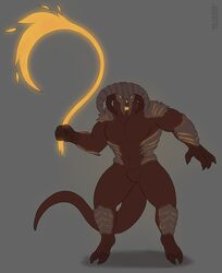  2021 2_toes 4_fingers action_pose anthro armor artist_name balrog_(the_lord_of_the_rings) brown_body claws colored demon feet fingers fire glowing glowing_armor glowing_eyes glowing_mouth hi_res horn j._r._r._tolkien long_tail looking_aside male middle-earth_(tolkien) muscular pose red_body simple_background solo standing tail teeth the_lord_of_the_rings toes whip wolfarion 