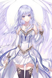  angel_wings black_thighhighs blue_eyes blush breasts commentary cowboy_shot dress eyelashes feathered_wings female jewelry long_hair long_sleeves looking_at_viewer medium_breasts necklace off-shoulder_dress off_shoulder reah_(ys) simple_background smile solo taue_shunsuke thighhighs thighs white_background white_dress white_hair wings ys ys_origin zettai_ryouiki 