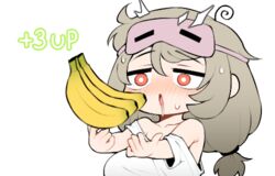  1up ahoge bad_id bad_twitter_id banana bare_shoulders blush breasts bright_pupils chestnut_mouth commentary_request drooling eye_mask female food fruit grey_hair huge_breasts korean_commentary long_hair low-tied_long_hair lowres mask mask_on_head nervous_sweating nose_blush off_shoulder open_mouth original red_eyes saru_(monkey_magic3) shirt simple_background solo sweat sweatdrop swirl t-shirt twintails upper_body white_background white_pupils white_shirt 