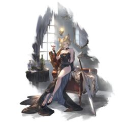  animal_ears anklet arm_support armchair bare_legs bare_shoulders black_dress black_footwear blonde_hair breasts broken_mirror chair chandelier cigar cleavage clothing_cutout coat curtains detached_collar dress elea_(granblue_fantasy) erune female fingerless_gloves full_body gloves granblue_fantasy green_eyes high_heels hip_flask holding holding_cigar jewelry lips long_dress looking_at_viewer medium_breasts mirror official_art parted_bangs parted_lips short_hair side_slit sitting smoke solo sword tile_floor tiles torn_curtains transparent_background unworn_coat wall_lamp weapon white_coat window 