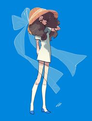  big_hair blue_background brown_hair dress female hat inata17ta long_hair looking_at_viewer original short_sleeves simple_background solo straw_hat white_dress 