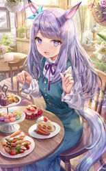  :d animal_ears aqua_dress blue_bow blue_dress bow brick_wall cafe cake cake_slice candle canele carrot chair cherry commentary dappled_sunlight dress ear_bow feet_out_of_frame female fingernails flower food fork fruit hair_ornament hanging_plant highres holding holding_fork horse_ears horse_girl horse_tail jar lens_flare lily_(flower) long_hair looking_at_viewer macaron mejiro_mcqueen_(umamusume) mille-feuille mousse_(food) neck_ribbon open_mouth picture_frame pinafore_dress pink_flower pink_rose plant potted_plant purple_eyes purple_hair purple_ribbon ribbon rose scone shirt sitting sleeveless sleeveless_dress smile solo strawberry strawberry_shortcake sunlight sweets table tail tiered_tray torino_aqua umamusume white_flower white_lily white_shirt window wooden_chair wooden_table 