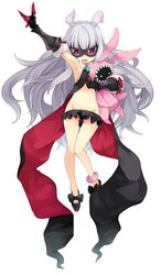  :d ankle_garter antenna_hair armpits ass_visible_through_thighs bare_shoulders blunt_bangs female full_body fur_trim galaktika gauntlets gloves grey_hair groin highres hoshimiya_kate hototogisu_(hot_to_gis) legs long_hair lowleg lowleg_skirt mask midriff navel open_mouth red_eyes salute sekai_seifuku:_bouryaku_no_zvezda shoes simple_background skirt smile solo star_(symbol) stuffed_animal stuffed_toy thigh_gap thighs venera-sama very_long_hair white_background 