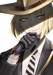  1boy absurdres black_gloves blonde_hair brown_hat commentary gloves green_eyes hat highres long_sleeves male_focus necktie night_raven_college_uniform riemartan rook_hunt school_uniform smile solo striped striped_necktie symbol-only_commentary twisted_wonderland white_background 