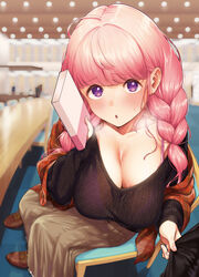  :o black_bra blurry blurry_background blush book bra bra_visible_through_clothes braid breasts breath brown_skirt cleavage clothes_tug comic_exe depth_of_field female herio highres holding holding_book large_breasts leaning_forward long_hair long_skirt looking_at_viewer non-web_source parted_lips pink_bra pink_hair plaid pleated_skirt purple_eyes see-through shawl sitting skirt sleeves_past_wrists solo_focus sweat twin_braids underwear upturned_eyes 