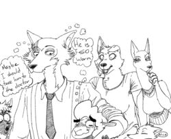  aardwolf anneke_(weaver) anthro avo_(weaver) beastars betty_(weaver) blush bovid candy canid canine canis caprine charlie_(weaver) cigarette clothed clothing crossover dessert disney english_text female food fox group hyena jackal jonsthaman legoshi_(beastars) lollipop male mammal misunderstanding monochrome pack_street remmy_cormo sheep text thought_bubble wolf zootopia 