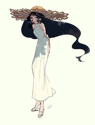  arms_behind_back black_eyes black_hair bright_pupils dress earrings female floating_hair full_body hat inata17ta jewelry long_hair off_shoulder original sandals shadow simple_background solo standing tongue tongue_out very_long_hair white_dress white_pupils yellow_background 