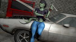  16:9 3d_(artwork) animal_humanoid anthro car clothed clothing digital_media_(artwork) dodge_(brand) dodge_challenger female garage hair hi_res humanoid inside kira_(viper-desires) looking_at_viewer mammal mechanic petruz_(copyright) reptile retro_car scalie serpentine snake snake_(petruz) solo tools topwear vehicle viper-desires widescreen wrench 