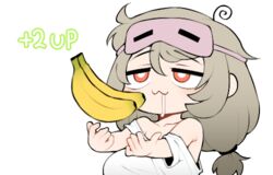  1up :3 ahoge bad_id bad_twitter_id banana bare_shoulders breasts bright_pupils commentary_request drooling eye_mask female food fruit grey_hair huge_breasts korean_commentary long_hair low-tied_long_hair lowres mask mask_on_head off_shoulder original red_eyes saru_(monkey_magic3) shirt simple_background solo swirl t-shirt twintails upper_body white_background white_pupils white_shirt 