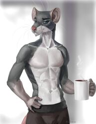  2019 5_fingers akineza anthro beverage blue_eyes clothed clothing coffee coffee_mug digital_media_(artwork) featureless_chest fingers hi_res looking_at_viewer male mammal murid murine rat rodent smile solo standing topless whiskers 