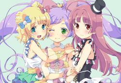  3girls :d ;t ahoge aqua_background arm_grab armpit_crease arms_around_neck bare_shoulders black_corset black_dress blonde_hair blue_bow blue_dress blunt_bangs blunt_ends blush bow bowtie breast_press breasts cheek-to-cheek cleavage closed_mouth collar collarbone colored_eyelashes commentary cone_hair_bun corset detached_collar dress dress_bow frilled_dress frills from_side gem girl_sandwich green_dress green_eyes hair_bun hair_intakes hair_ornament hairbow hands_on_another&#039;s_shoulder hat heads_together heart heart_hair_ornament hime_cut hojo_sophy homing_(areya) idol long_hair looking_at_viewer looking_to_the_side manaka_laala medium_breasts minami_mirei mini_hat mini_top_hat multicolored_clothes multicolored_dress multiple_girls multiple_hair_bows one_eye_closed open_mouth pink_bow pink_hair pouty_lips pretty_series pripara purple_hair red_bow red_dress red_eyes sandwiched shadow short_hair simple_background sleeveless smile spaghetti_strap striped_clothes striped_dress top_hat treble_clef upper_body very_long_hair white_collar white_dress wrist_bow wrist_cuffs yellow_bow yellow_dress 