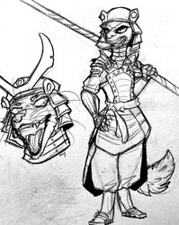  ambiguous_gender anthro armor biomutant clothed clothing fur hi_res japanese_armor looking_aside looking_at_viewer mammal maystrine_(artist) monochrome open_mouth samurai_armor simple_background solo staff standing white_background 