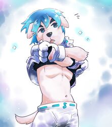  animal_crossing avoid_posting blep blue_hair canid canine canis clothing domestic_dog hair hi_res k.k._slider male mammal nikunabe1989 nintendo solo sparkles tongue tongue_out undressing 