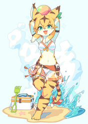  2020 848siba absurd_res anthro ball barefoot beach beach_ball belt bikini blue_eyes blush breasts brown_stripes cheek_tuft clothed clothing cygames eyewear facial_tuft feet felid female full-length_portrait fur goggles hi_res holding_object inflatable kemono looking_at_viewer mammal medium_breasts mia_(world_flipper) midriff navel open_mouth open_smile pantherine portrait raised_arm seaside shovel smile solo striped_body striped_fur stripes swimwear tiger tools tuft water world_flipper yellow_body yellow_fur 