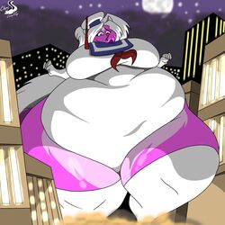  1:1 absurd_res anthro belly big_belly bottom_heavy building chrisandcompany city clothing female hi_res lucy_skye_diamond macro mammal mephitid moon night overweight skunk solo stay_puft 