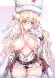  absurdres belt black_panties blonde_hair blue_eyes blush braid breasts cleavage dp28_(girls&#039;_frontline) female finger_to_mouth fur_hat girls&#039;_frontline gloves hair_between_eyes hat highres large_breasts long_hair looking_at_viewer martinreaction open_mouth panties papakha russia side_braid simple_background solo soviet torn_clothes underwear white_gloves 