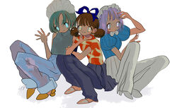  3girls absurdres aqua_eyes bad_id bad_twitter_id blue_ribbon blue_shirt brown_hair denim green_hair grey_shirt hand_up high_heels highres inata17ta jeans looking_at_viewer multiple_girls orange_eyes original pants pink_eyes print_shirt puffy_short_sleeves puffy_sleeves purple_hair ribbon shadow shirt shoes short_sleeves simple_background sitting sleeveless sleeveless_shirt smile white_background white_footwear 