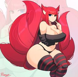  animal_humanoid big_breasts breasts canid canid_humanoid canine canine_humanoid cleavage clothed clothing female fox_humanoid fur hair heterochromia hi_res huge_breasts humanoid legwear mammal mammal_humanoid multi_tail panties probablynoon red_body red_fur red_hair skimpy solo tail thigh_highs underwear zoom_layer 