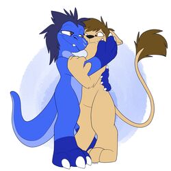  1:1 anthro cheek_to_cheek digitigrade dinosaur dromaeosaurid duo extinct felid hi_res hug korin_(species) kyrio_the_raptor_(kyrio) lion male male/male mammal pantherine prehistoric_species reptile romantic romantic_couple scalie scruffkerfluff standing tail theropod thick_tail 