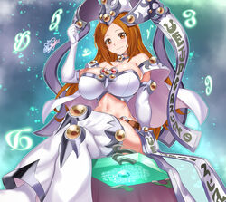  absurdres arm_up bare_shoulders bleach blush book breasts brown_eyes brown_hair cleavage closed_mouth collar commentary cosplay crossed_legs detached_leggings elbow_gloves female gloves hat high_priestess_of_prophecy high_priestess_of_prophecy_(cosplay) highres inoue_orihime large_breasts leggings long_hair looking_at_viewer midriff navel nez-box parted_bangs sidelocks signature sitting smile solo waist_cape white_gloves white_leggings wizard_hat yu-gi-oh! 