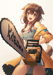  absurdres animal_collar animal_ears bare_legs blush bone_hair_ornament braid breasts brown_hair chainsaw character_name choker collar commentary cowboy_shot dog_ears dog_girl dog_tail dress female foreshortening glint grey_background hair_between_eyes hair_ornament highres holding holding_chainsaw hololive inugami_korone inugami_korone_(1st_costume) jacket looking_at_viewer mazel_(mazel_star) medium_breasts medium_hair off_shoulder open_clothes open_jacket open_mouth orange_eyes red_choker short_dress side_braids simple_background sleeveless sleeveless_dress smile solo tail thighs twin_braids virtual_youtuber white_dress wristband yellow_jacket 