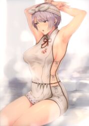  :o absurdres armpits bare_arms breasts brown_eyes commentary female grey_hair hairband highres large_breasts momihige monster_hunter:_world monster_hunter_(character) monster_hunter_(series) red_ribbon ribbon shirt short_hair short_shorts shorts side-tie_costume sideless_outfit sitting sleeveless sleeveless_shirt solo steam thermae_(armor) white_shorts 